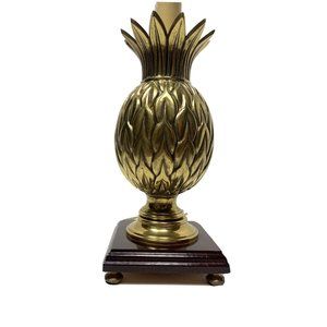 Vintage Brass Pineapple Lamp Table MCM Gold Tone Wooden Base Large Unique Metal